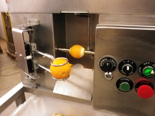 Pelamatic industrial orange peeler processing an orange